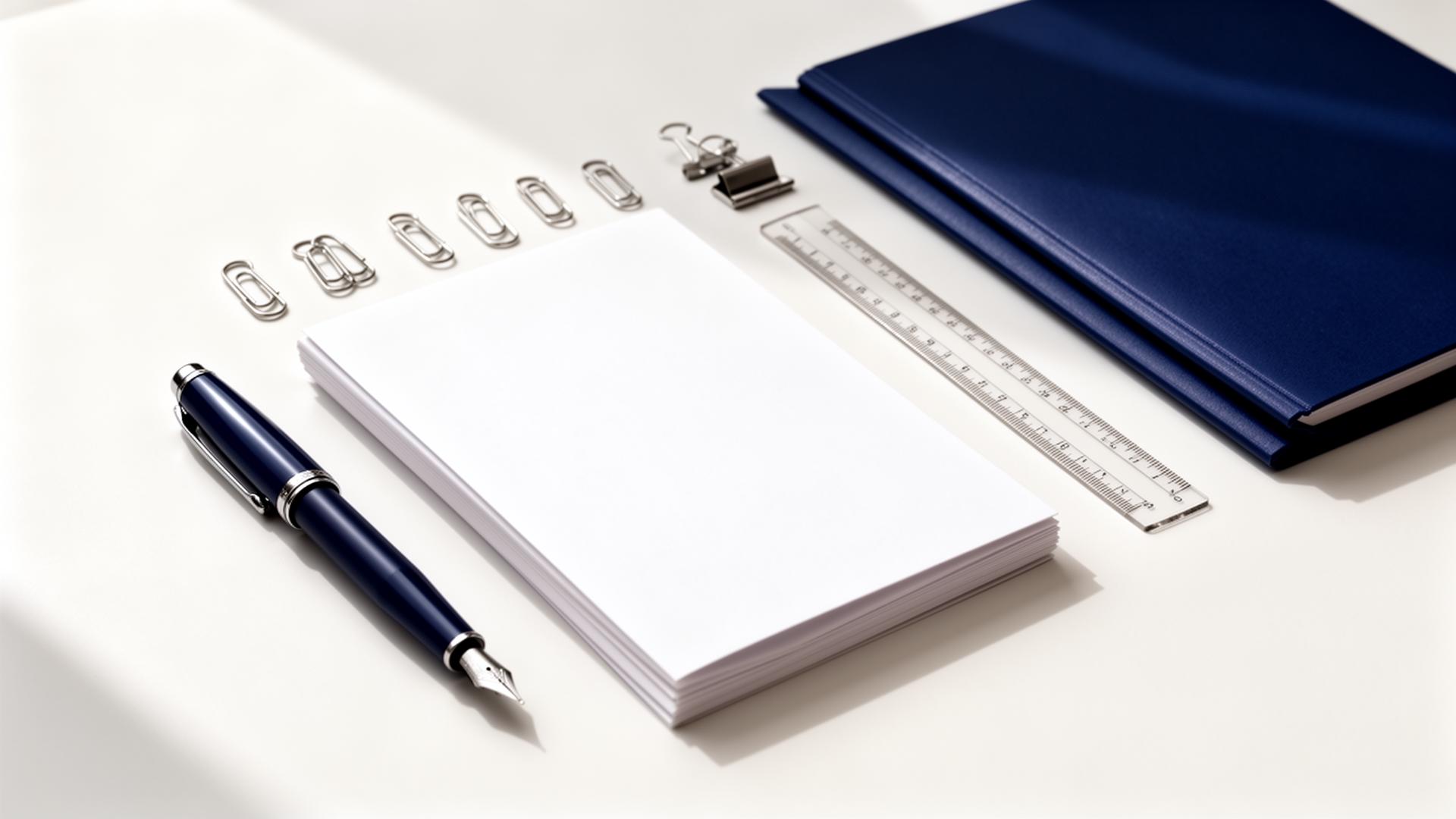 Premium stationery flat-lay with navy fountain pen, notebook and ruler